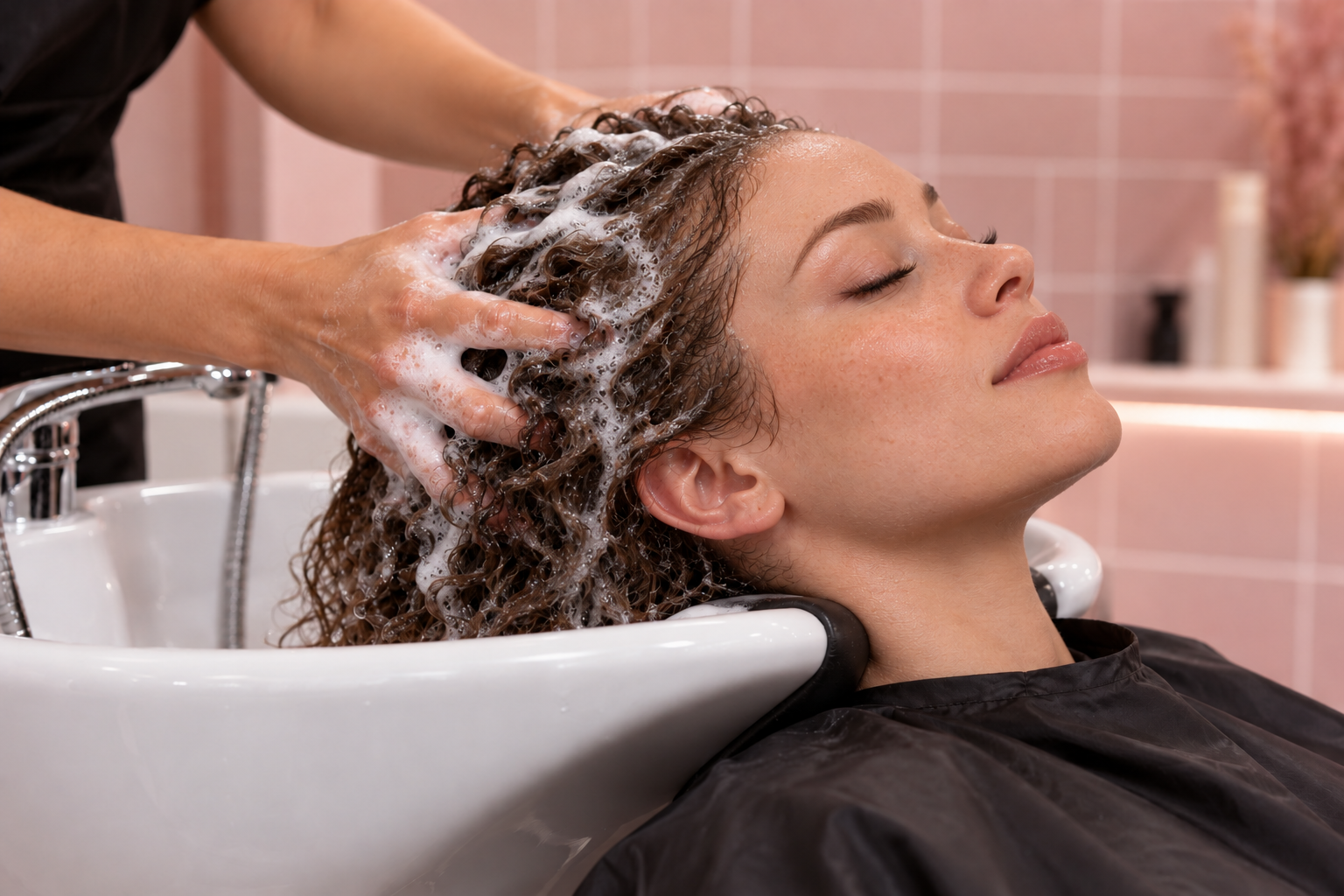 Hair being washed at a salon basin